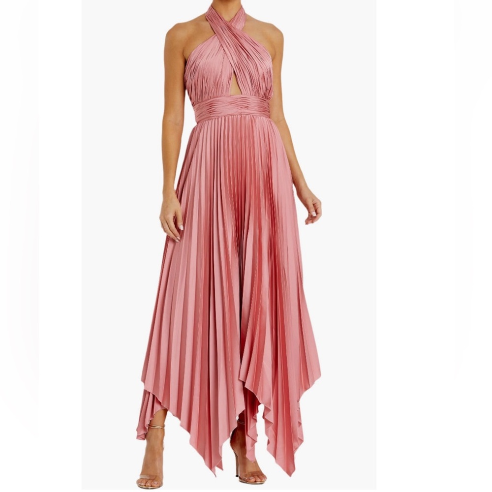 Mac Duggal Pleated Halter Neck Asymmetrical Hem Gown - 0